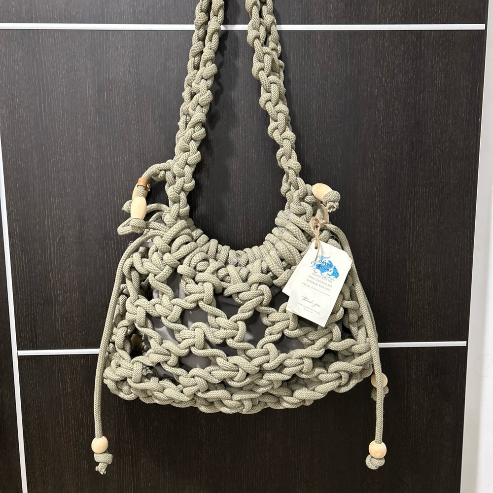 Handmade Macramé Shoulder Bag Boho Cotton Rope Tote w/ Wooden Beads NWT